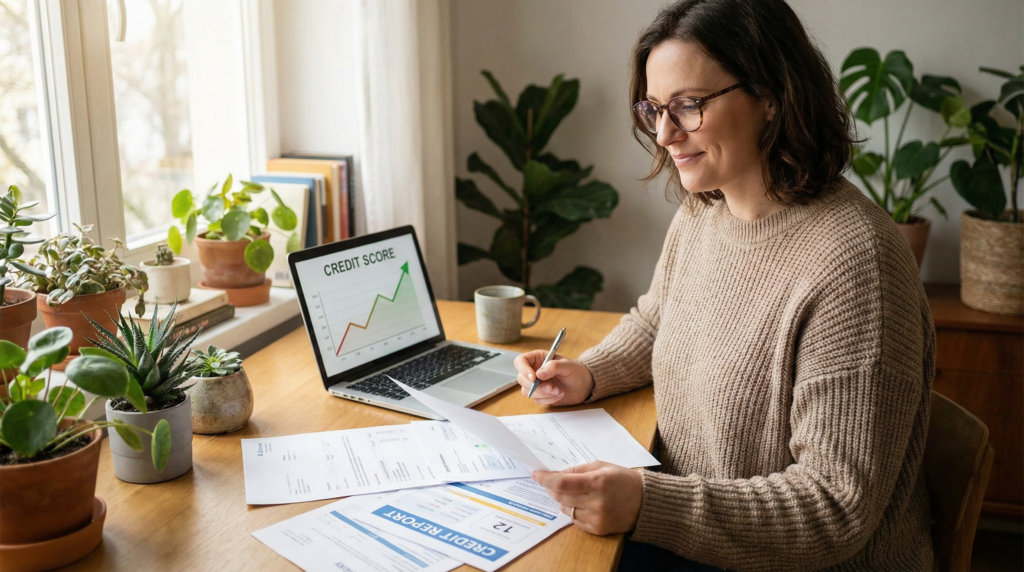 Bad history credit cards UK - person reviewing credit report showing improving credit score after rebuilding