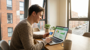 Young person checking credit score on laptop while holding a new credit card in a UK apartment